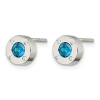 Pair of round silver stud earrings with bezel-set blue topaz centers surrounded by four small diamonds each.