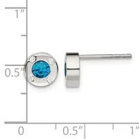 Sterling silver stud earrings with round blue topaz centers surrounded by small diamonds, shown with a measurement scale indicating approximately half-inch diameter.