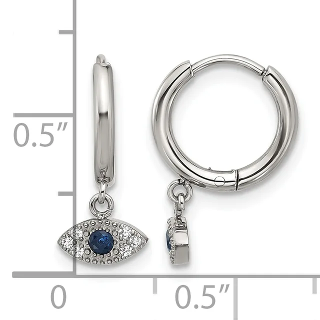 Pair of silver hoop earrings with dangling evil eye charms featuring blue stone centers surrounded by small crystals, shown with measurement scale indicating 0.5 inch height.
