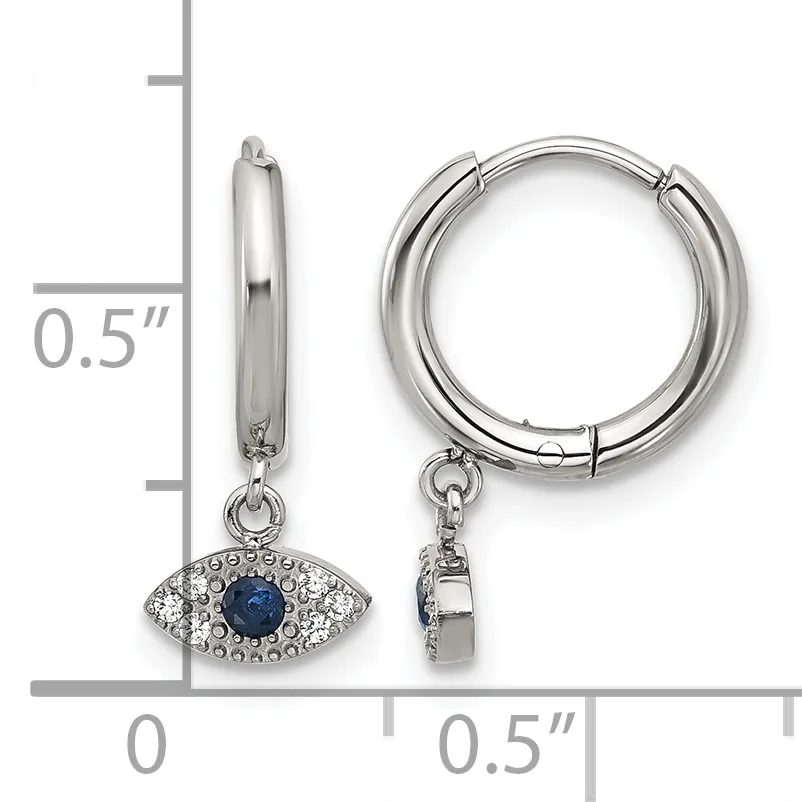 Pair of silver hoop earrings with dangling evil eye charms featuring blue stone centers surrounded by small crystals, shown with measurement scale indicating 0.5 inch height.