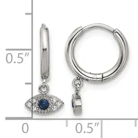 Pair of silver hoop earrings with dangling evil eye charms featuring blue stone centers surrounded by small crystals, shown with measurement scale indicating 0.5 inch height.