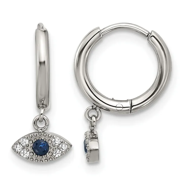 Pair of silver hoop earrings with dangling evil eye charms featuring a round blue stone center surrounded by white crystals and beaded detailing.