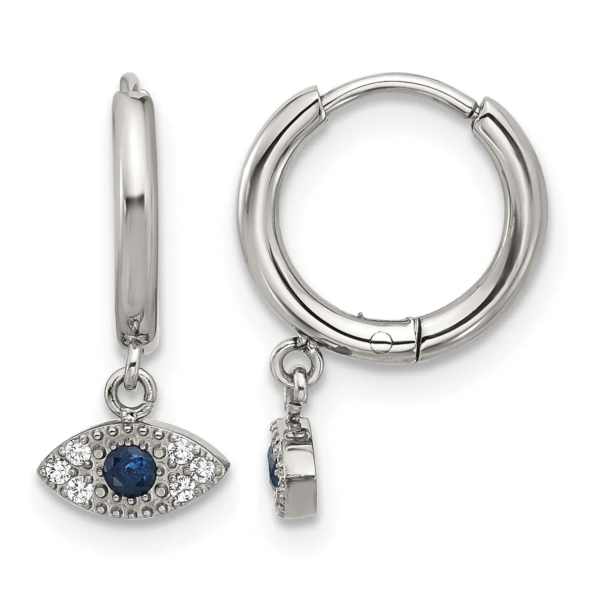 Pair of silver hoop earrings with dangling evil eye charms featuring a round blue stone center surrounded by white crystals and beaded detailing.