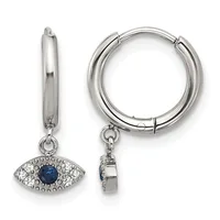 Pair of silver hoop earrings with dangling evil eye charms featuring a round blue stone center surrounded by white crystals and beaded detailing.
