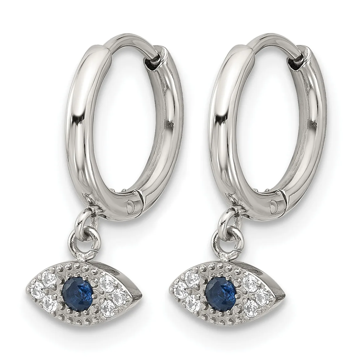 A pair of silver hoop earrings with eye-shaped charms featuring a central blue stone surrounded by clear crystals.