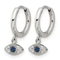 A pair of silver hoop earrings with eye-shaped charms featuring a central blue stone surrounded by clear crystals.
