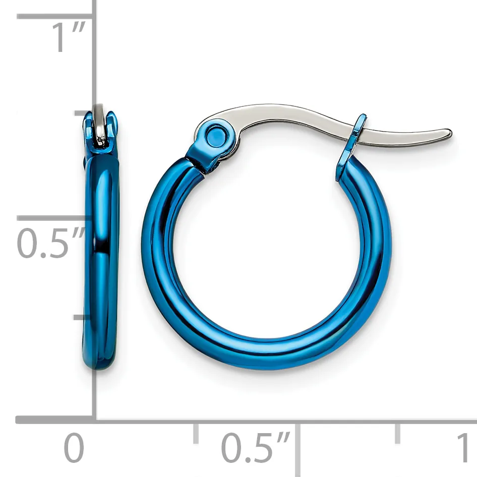 A pair of blue hoop earrings with a polished tubular design and hinged closure posts, shown with a measurement scale indicating approximately half-inch diameter.