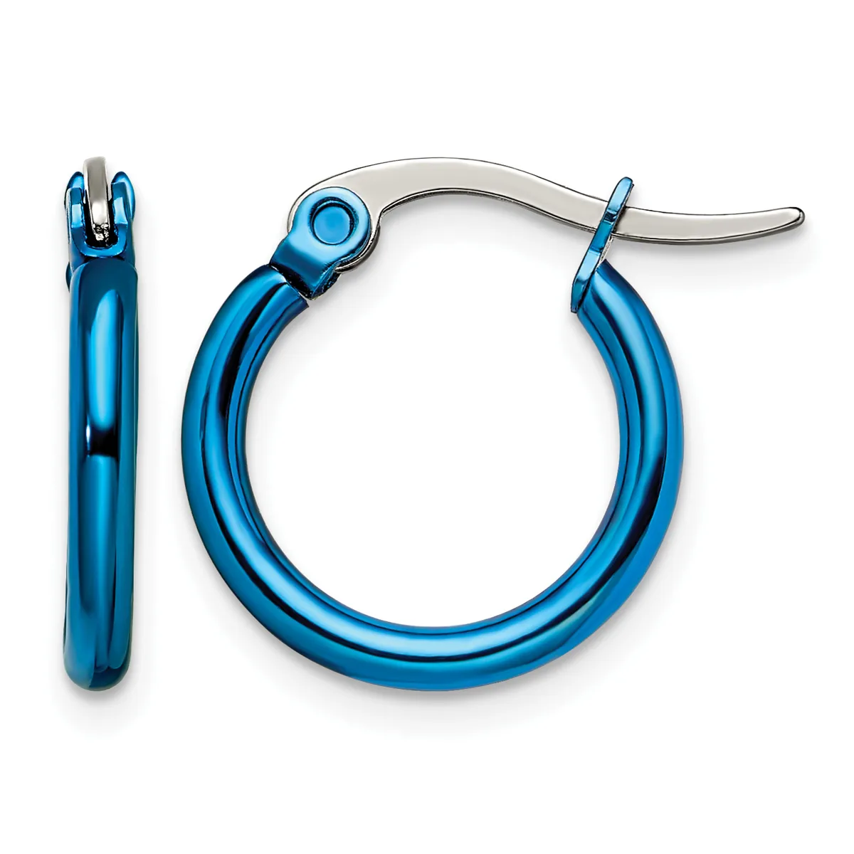 A pair of blue polished hoop earrings with a tubular design and silver-toned posts and closures, shown from the front and side views.