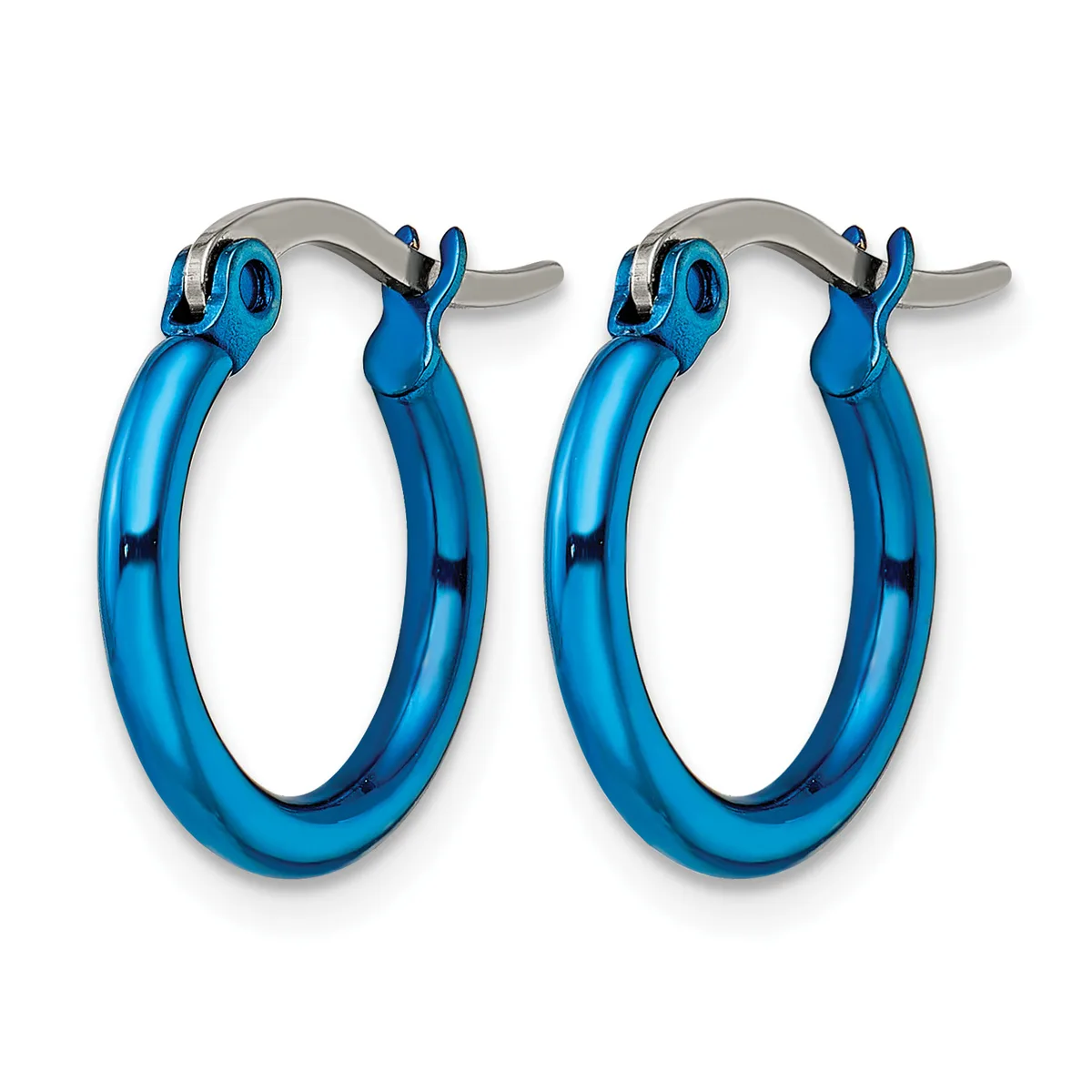 Pair of blue hoop earrings with metallic silver-toned clasp closures, shown against a white background.