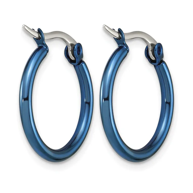 A pair of blue hoop earrings with a polished finish and silver-toned posts and clasps.