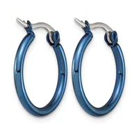 A pair of blue hoop earrings with a polished finish and silver-toned posts and clasps.