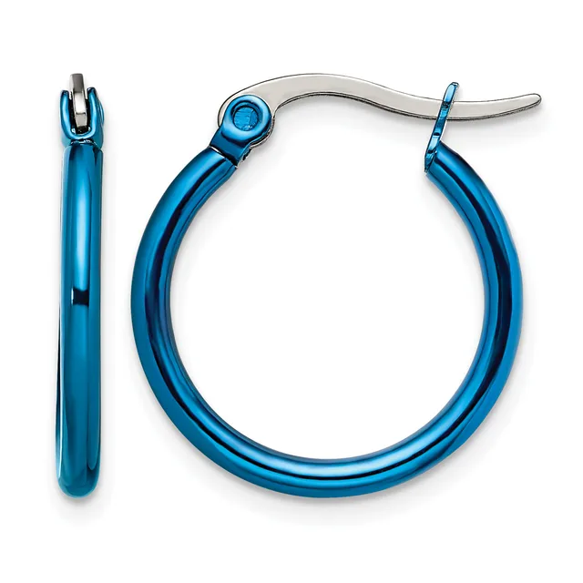 A pair of blue hoop earrings displayed front and back, showing a polished tubular design with a hinged closure and post backing.