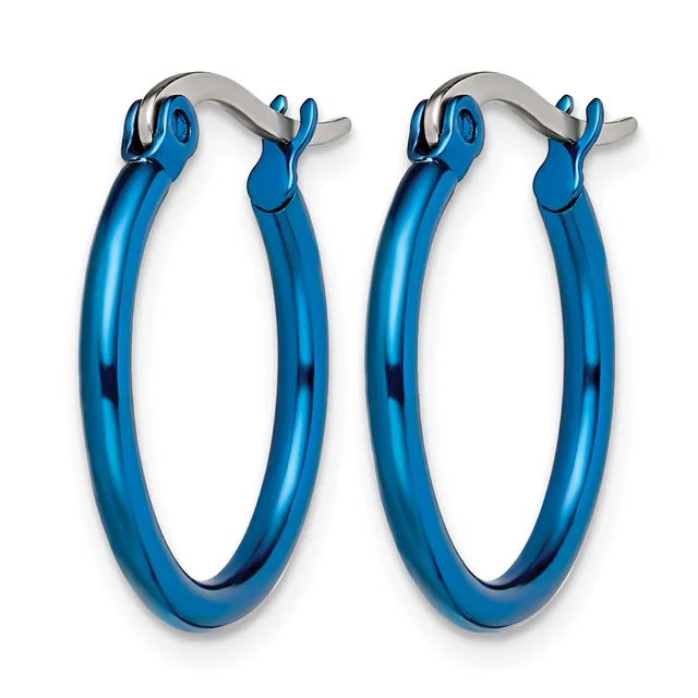 A pair of blue hoop earrings with a polished finish and silver-toned clip closures displayed against a white background.