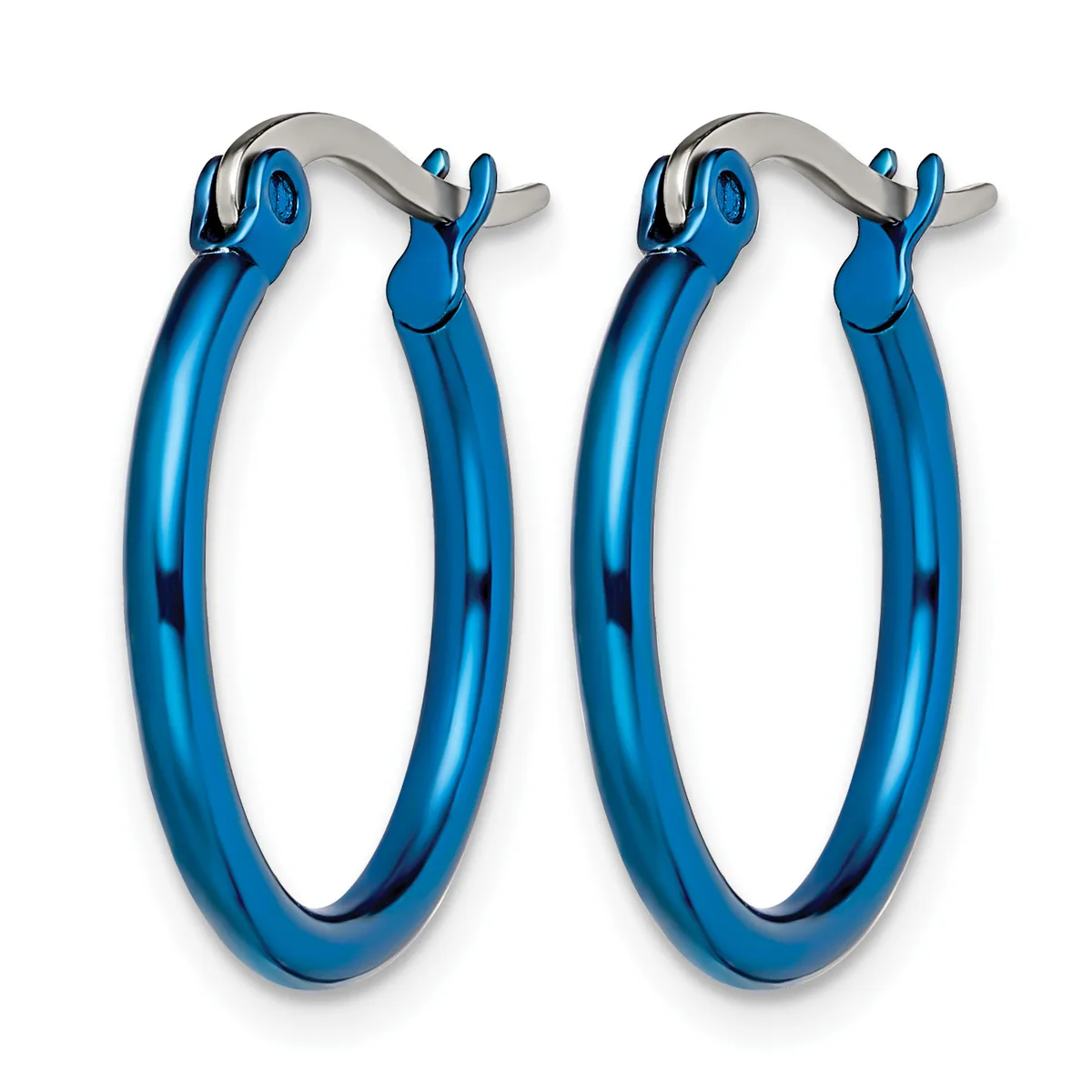 A pair of blue hoop earrings with a polished finish and silver-toned clip closures displayed against a white background.