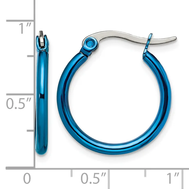 A pair of blue hoop earrings with a polished metallic finish, displayed next to a ruler showing they measure approximately one inch in diameter.