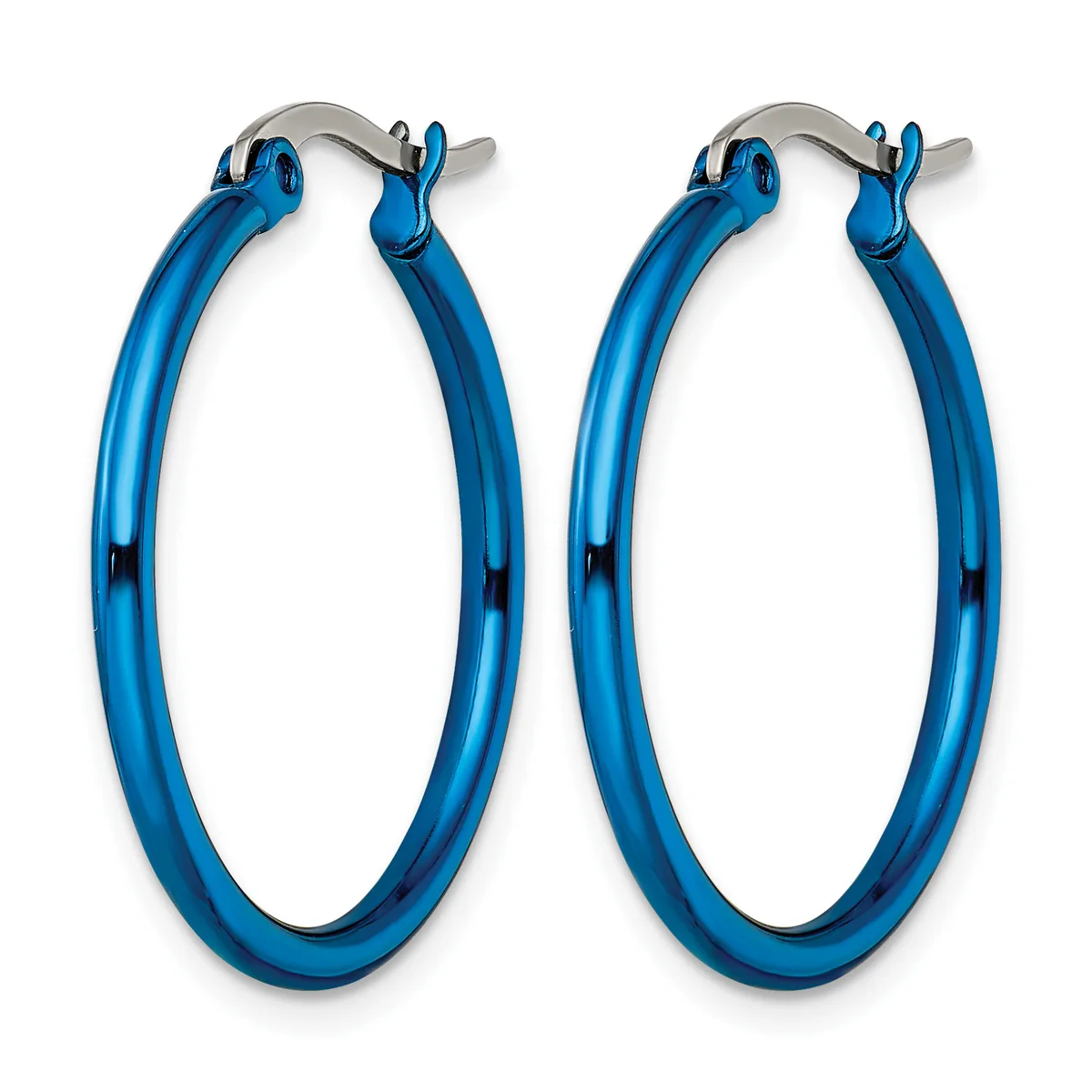 A pair of blue hoop earrings with a polished finish and silver-tone posts and clasps, displayed against a white background.