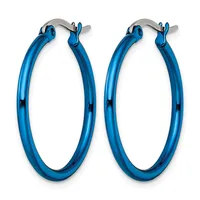 A pair of blue hoop earrings with a polished finish and silver-tone posts and clasps, displayed against a white background.