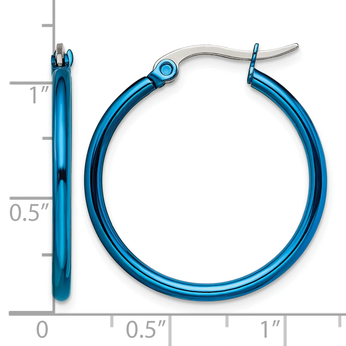 Pair of blue hoop earrings with a polished finish and silver-toned posts, shown next to a ruler measuring approximately one inch in diameter.