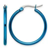 A pair of blue hoop earrings with a polished finish and silver-toned ear wires, shown from the front and side view.