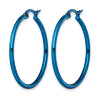 A pair of blue hoop earrings with hook closures, displayed against a white background.