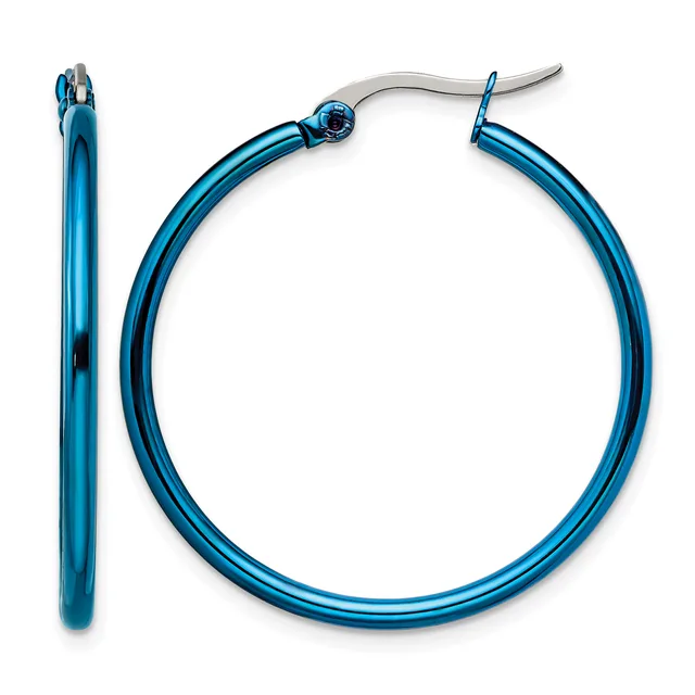 A pair of blue hoop earrings with a polished finish and surgical steel ear wires, shown from front and side views.