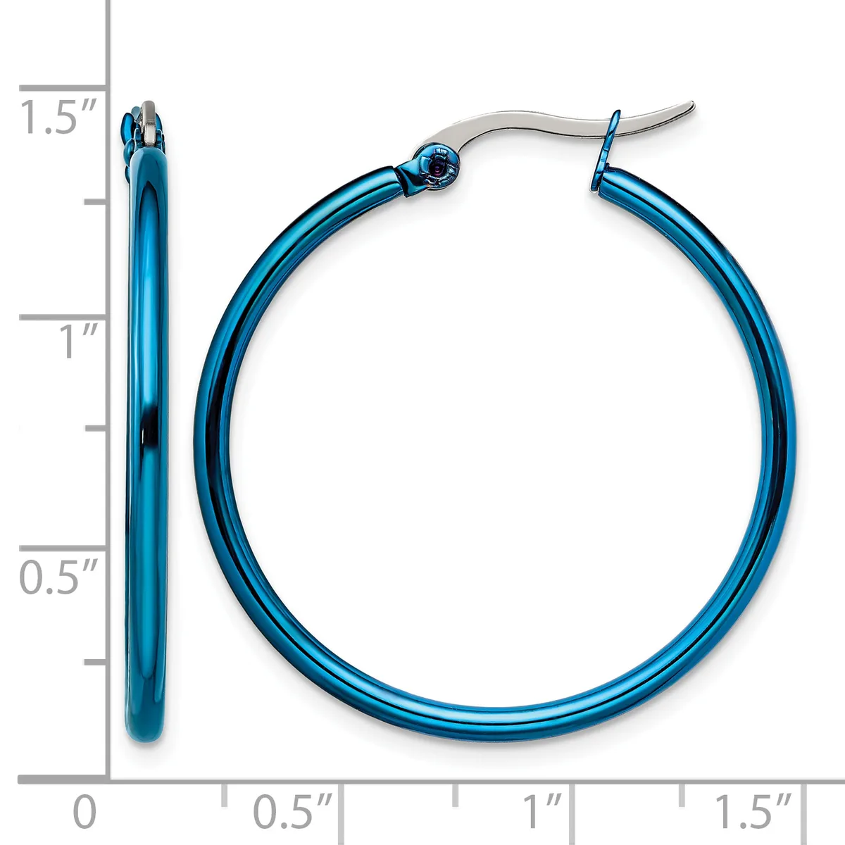 Blue hoop earrings with a polished finish and surgical steel posts, displayed against a measurement scale showing them to be approximately 1.5 inches in diameter.