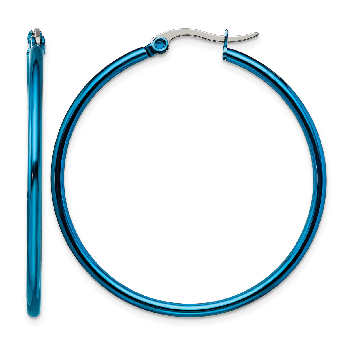 A pair of polished blue hoop earrings with silver-toned posts, shown from front and side views against a white background.