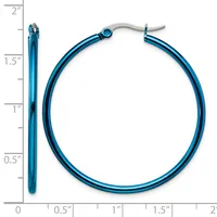 Blue hoop earrings with a polished finish and small hinged closures, shown next to a ruler indicating their size is approximately 1.5 inches in diameter.