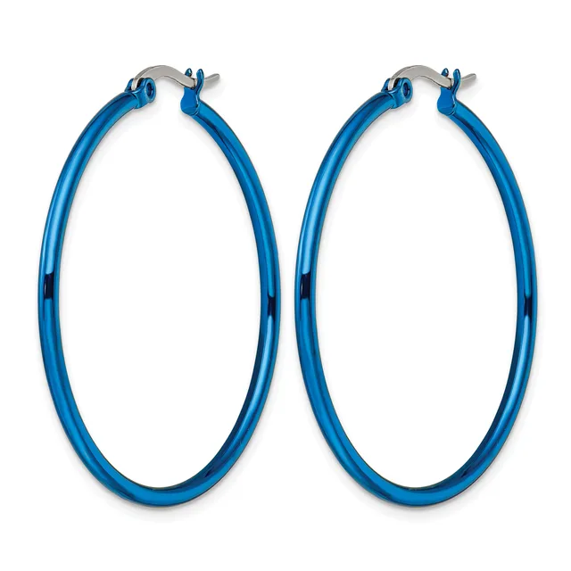 A pair of blue hoop earrings with metallic silver-tone posts and hinged closures, displayed against a white background.