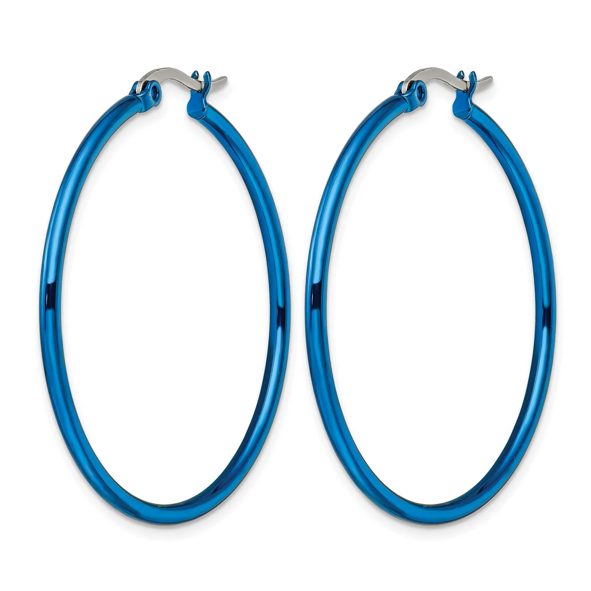 A pair of blue hoop earrings with metallic silver-tone posts and hinged closures, displayed against a white background.