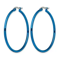 A pair of blue hoop earrings with metallic silver-tone posts and hinged closures, displayed against a white background.
