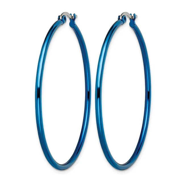 A pair of blue hoop earrings with a polished finish and darker striped sections, shown against a white background.