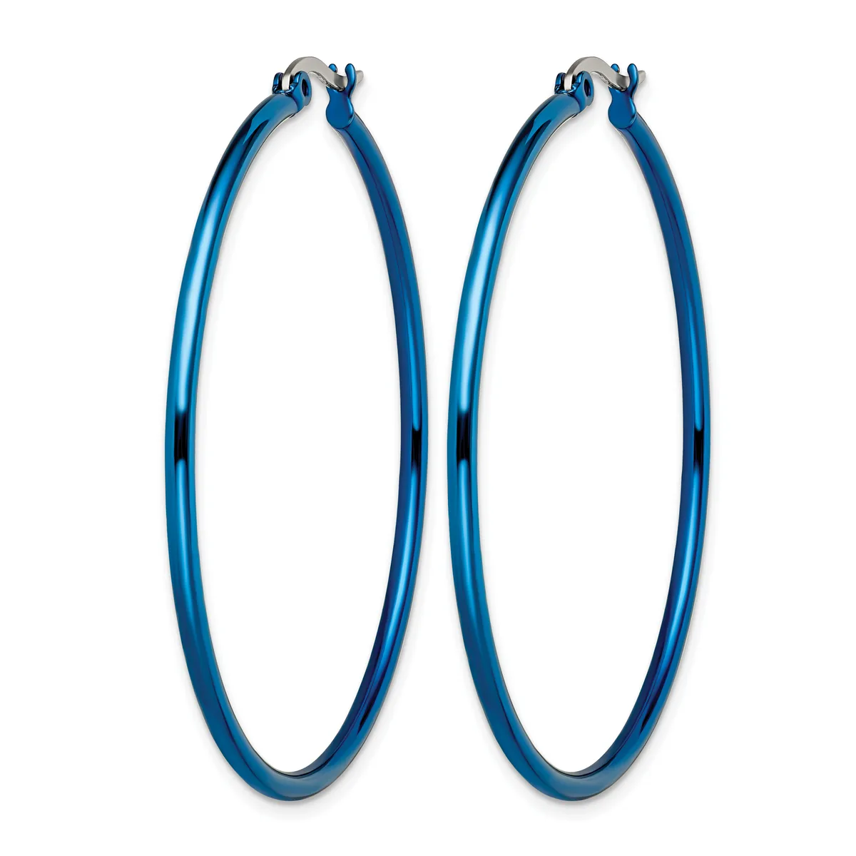 A pair of blue hoop earrings with a polished finish and darker striped sections, shown against a white background.