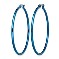 A pair of blue hoop earrings with a polished finish and darker striped sections, shown against a white background.