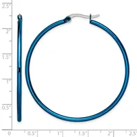 Blue hoop earrings with a polished finish and hinged posts, shown next to a ruler indicating they measure approximately 2 inches in diameter.