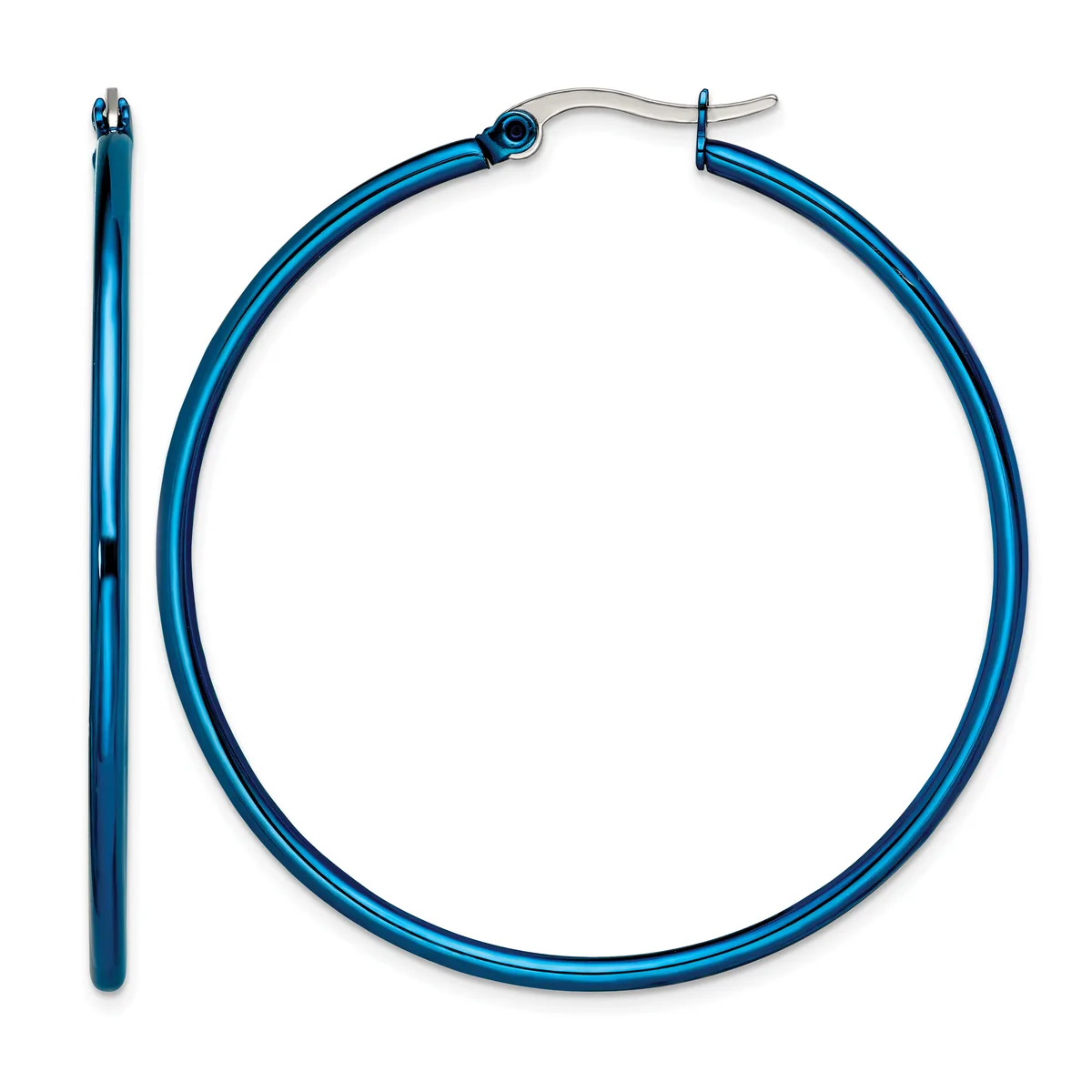 A pair of blue hoop earrings shown from front and side views, with curved tubular construction and hook-style closures.