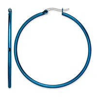 A pair of blue hoop earrings shown from front and side views, with curved tubular construction and hook-style closures.