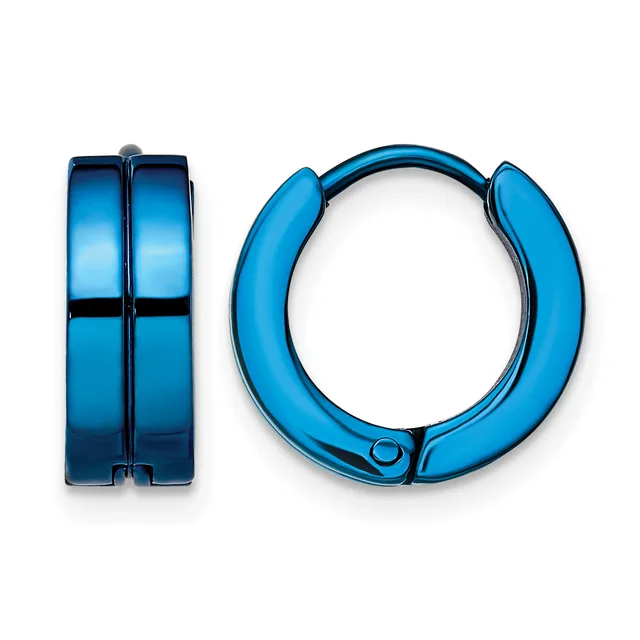 A pair of blue translucent huggie hoop earrings shown from front and side views against a white background.