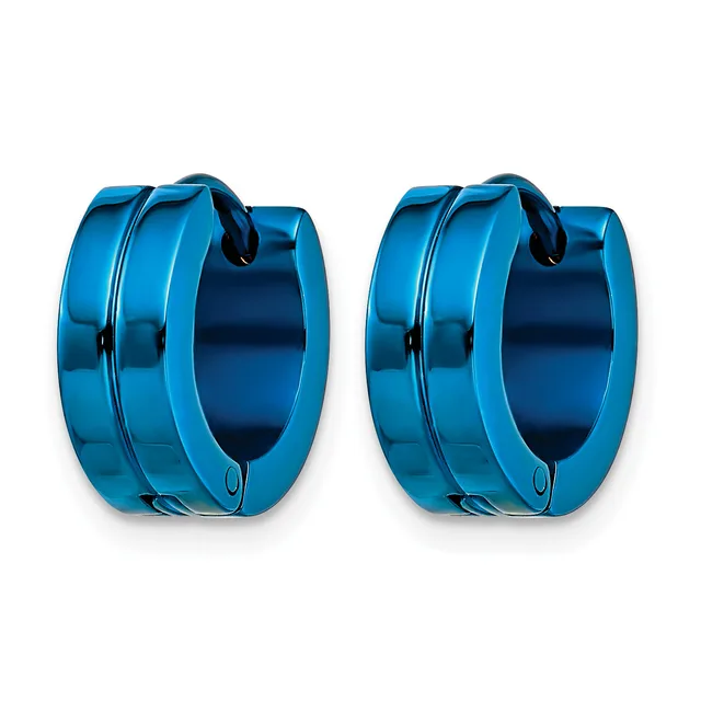 A pair of polished blue metal hoop earrings with grooved detailing and hinged closures, displayed against a white background.