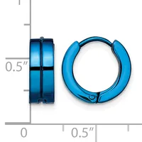 Pair of blue polished huggie hoop earrings shown front and side view with a measurement scale indicating 0.5 inch width.