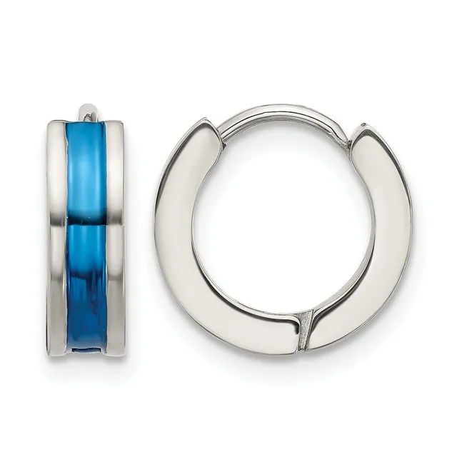 Pair of polished silver huggie earrings with blue enamel inlay shown from front and side views.