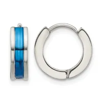 Pair of polished silver huggie earrings with blue enamel inlay shown from front and side views.