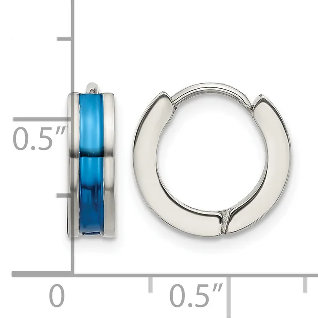 Pair of hinged hoop earrings with blue resin inlay shown next to a measurement scale indicating 0.5 inch diameter.