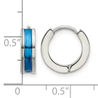 Pair of hinged hoop earrings with blue resin inlay shown next to a measurement scale indicating 0.5 inch diameter.