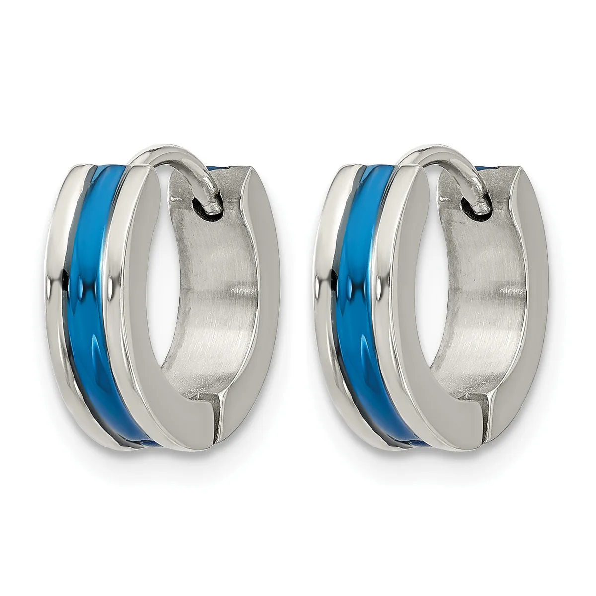 A pair of stainless steel hoop earrings with a blue enamel stripe running through the center, shown from the front.