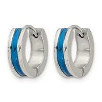 A pair of stainless steel hoop earrings with a blue enamel stripe running through the center, shown from the front.