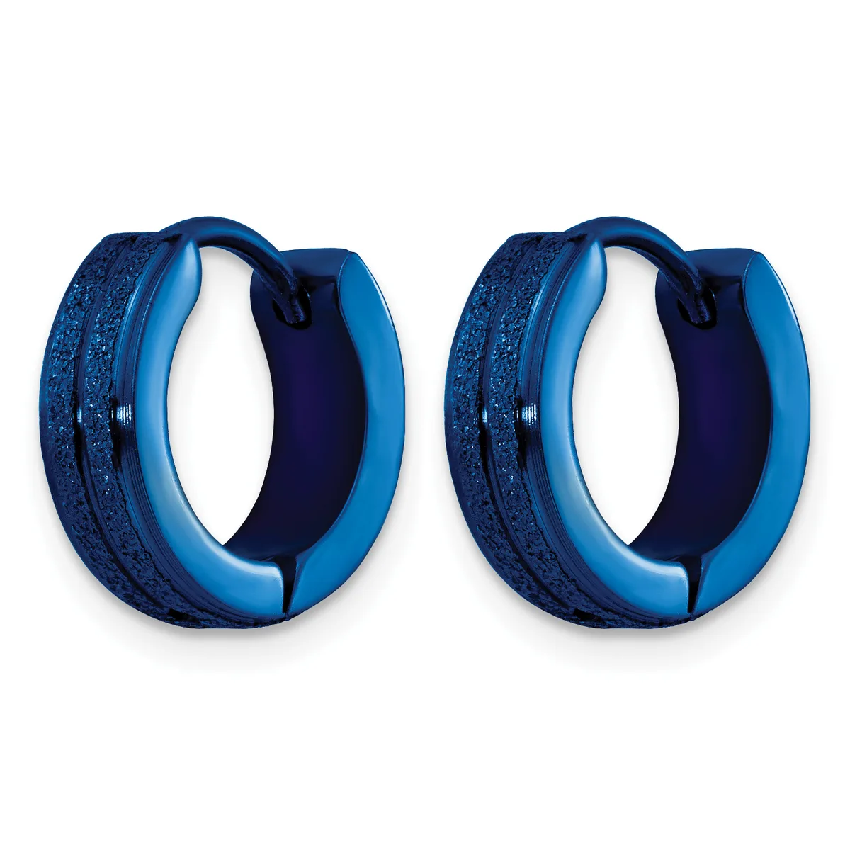 A pair of blue glittery hoop earrings with a polished finish and dark navy inner surface, shown against a white background.