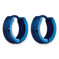 A pair of blue glittery hoop earrings with a polished finish and dark navy inner surface, shown against a white background.
