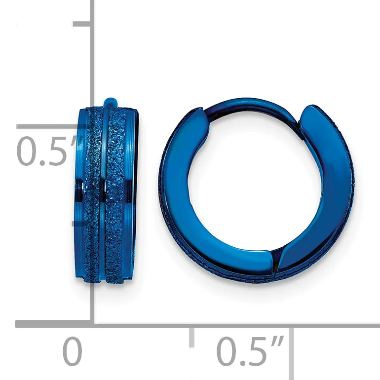 A pair of blue glitter-filled hinged hoop earrings shown from front and side views next to a measurement scale indicating approximately 0.5 inches in diameter.