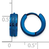 A pair of blue glitter-filled hinged hoop earrings shown from front and side views next to a measurement scale indicating approximately 0.5 inches in diameter.